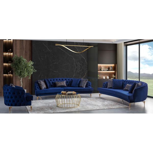 Set Di Divani Chesterfield Blu Poltrona Mobili Creativi Tessuto Soggiorno Nuovo-image