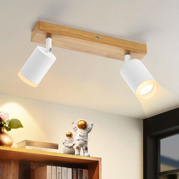 Zmh Faretto Da Soffitto 2 Fiamme Bianco Lampada Da Cucina Legno GU10 Faretto Da Parete 350°Rotativo Faretto Da Corridoio Vintage Industriale Retrò Senza Lampadina-image