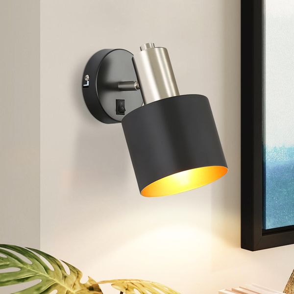 Zmh Lampada Da Parete Per Interni Faretto Da Parete Vintage Nero Per Corridoio Lampada Da Parete Girevole 330° Illuminazione Industriale Da Parete E27 Piccolo Paralume In Metallo Retro Faretto Per Corridoio Letto Cucina (Senza Lampadina)-image