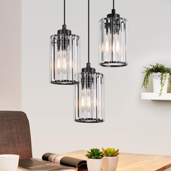Zmh Lampada A Sospensione Per Tavolo Da Pranzo Lampada Per Sala Da Pranzo A Sospensione 3 Fiamme Lampada A Sospensione Nera Moderna Lampada Per Tavolo Da Pranzo Soggiorno Camera Da Letto Lampada A Sospensione Di Cristallo Design Lampada A Sospensione E27 Per Cucina Senza Lampadina-image