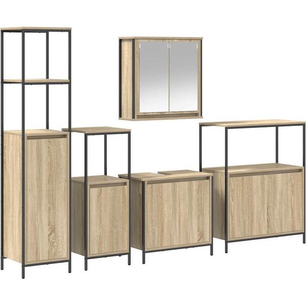 Syfax™ Set Di Mobili Per Il Bagno Con Porta 5 Pcs Rovere Sonoma E Nero-image