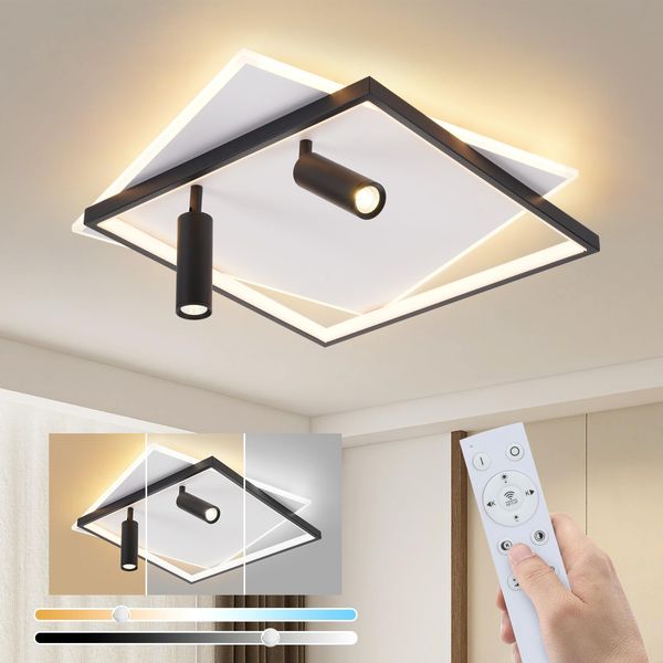 Zmh Lampada Da Soffitto Lampada Led Da Soffitto Soggiorno 62W Lampada Da Soggiorno Dimmerabile Con 2 Faretti Da Soffitto Nero Con Telecomando Lampada Moderna Acrilica Da Camera Da Letto Lampada Da Cucina Per Casa Galleria Appartamento-image