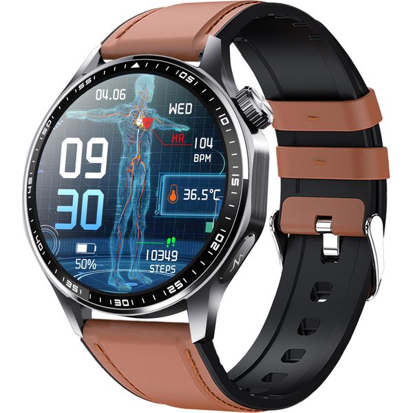 Inf Smartwatch Con Ecg, Cardiofrequenzimetro, Misuratore Di Pressione Sanguigna E Contapassi Cinturino In Pelle Nera E Marrone-image