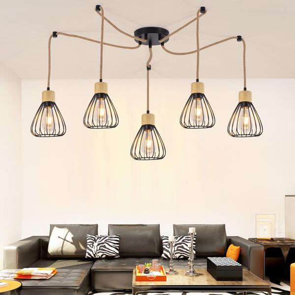 Zmh Lampada A Sospensione Tavolo Da Pranzo Lampada A Sospensione Soggiorno Vintage Lampada Sala Da Pranzo Nero Lampada A Sospensione Sala Da Pranzo 5 Fiamme Retrò Metallo Corda Di Canapa In Legno Industriale E27 Lampada A Sospensione Per Pub Senza Lampadine-image