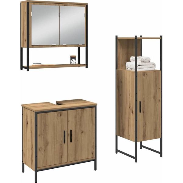 Vidaxl Set Di Mobili Da Bagno Con Ripiano Con Porta 3 Pezzi Materiale A Base Di Legno Marrone-image