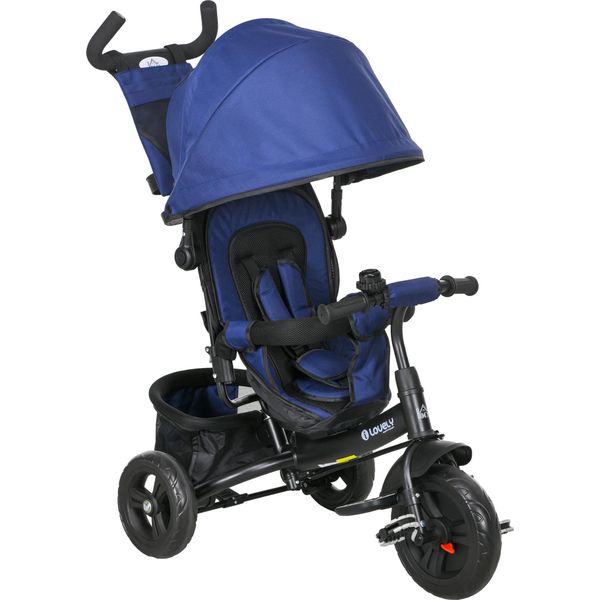 Homcom Triciclo 6 In 1 Con Maniglione, Triciclo Per Bambini Con Capottina Parasole Rimovibile, Cuscino, Balance Bike Con Imbracatura Di Sicurezza A 5 Punti, Cestino, Portabicchieri, Per Bambini Da 1 A 5 Anni, Blu Scuro-image