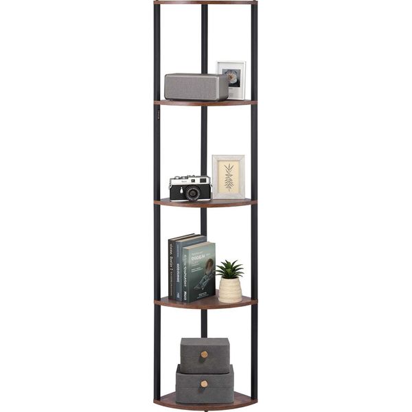 Vevor Scaffale Angolare A 5 Livelli, Supporto Angolare Alto Con Luce Led, Scaffale Espositivo Con Struttura In Metallo E Ripiani In Legno, Scaffale Espositivo In Piedi Per Camera Da Letto Soggiorno Ufficio Marrone-image