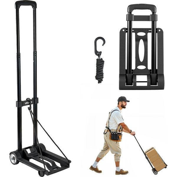 Vevor Carrello Portasacchi Pieghevole, Capacità Di Carico 50 Kg, Carrello Da Trasporto Con 2 Ruote E 1 Corda Elastica, Carrello Multiuso Con Piattaforma, Per Aeroporti, Mobili Da Viaggio, Bagagli, Traslochi In Ufficio, Nero, 320X235X965Mm-image