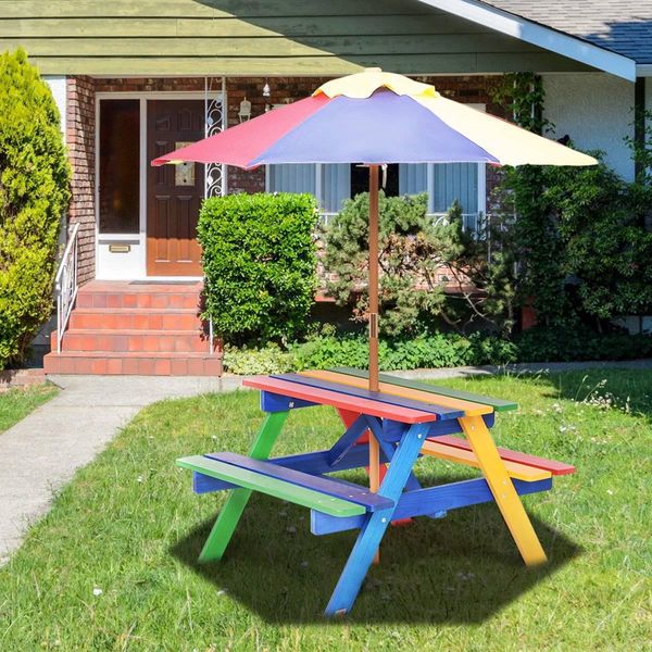 Set Di Sedie In Legno Per Bambini, Set Da Giardino, Mobili Per Bambini, Tavolo Per Bambini Con Ombrellone E 2 Panchine Per Esterni-image