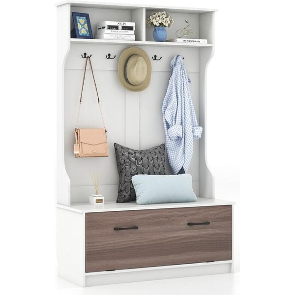 Appendiabiti Con Panca E 5 Ganci Doppi Appendiabiti Da Ingresso 100 X 40 X 160 Cm Bianco-image