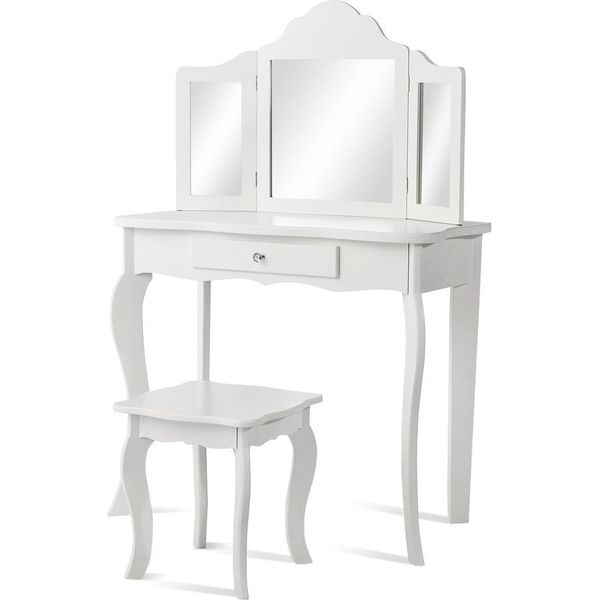 Set Toletta E Sgabello Per Bambini, Toletta Con Cassetto, Specchio, 70 X 34 X 103 Cm, Bianco-image