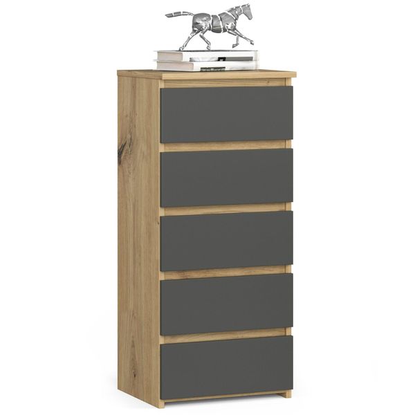 Comò 40 Cm In Rovere Artisanale Con Frontali Grigio E 5 Cassetti-image