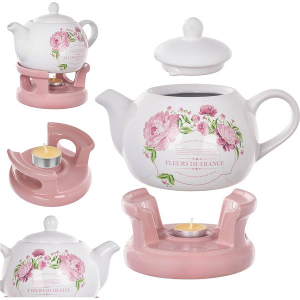 Set Teiera Kadax Da 1 Litro Con Scalda Teiera, Teiera In Porcellana Con Coperchio, Manico E Scalda Teiera, Teiera Con Scalda Teiera Per Tè, Set Da Tè (Rosa/Bianco)-image