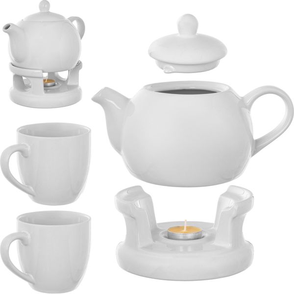 Teiera Kadax Da 1 Litro Con Scaldavivande E 2 Tazze, Caffettiera In Porcellana Con Coperchio, Manico E Scaldavivande, Teiera Con Scaldavivande Per Il Tè, Set Da Tè (Bianco, Con Tazze)-image