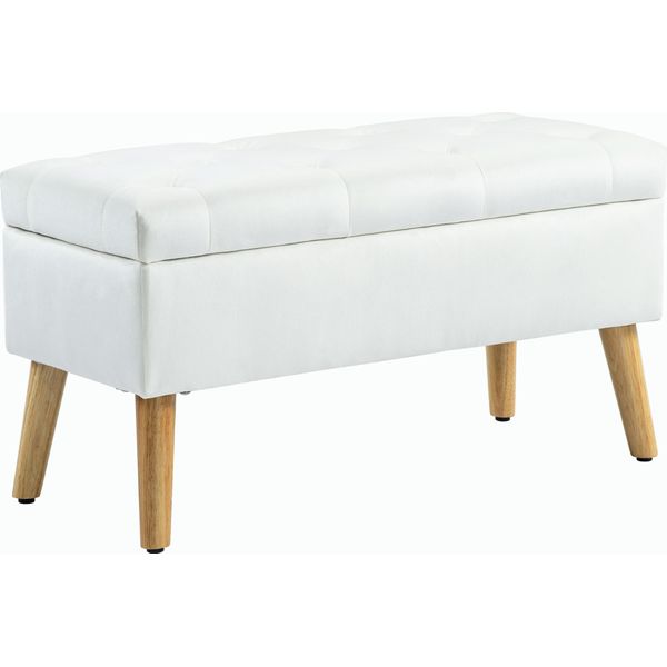 Panca Fortuna Lai Con Vano Contenitore, Panca Imbottita Con Coperchio, Panca Letto Con Rivestimento In Velluto, Per Corridoio, Camera Da Letto, Soggiorno, Legno Di Gomma 102 X 35 X 43 Cm Bianco-image