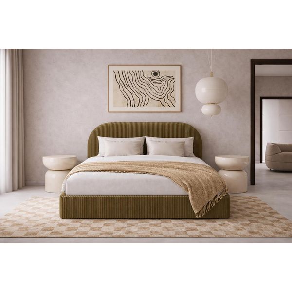 Letto Imbottito Sofello Colore Melange Oliva Luna 180X200 Rete A Doghe In Metallo Letto Di Alta Qualità Con Rete E Contenitore-image