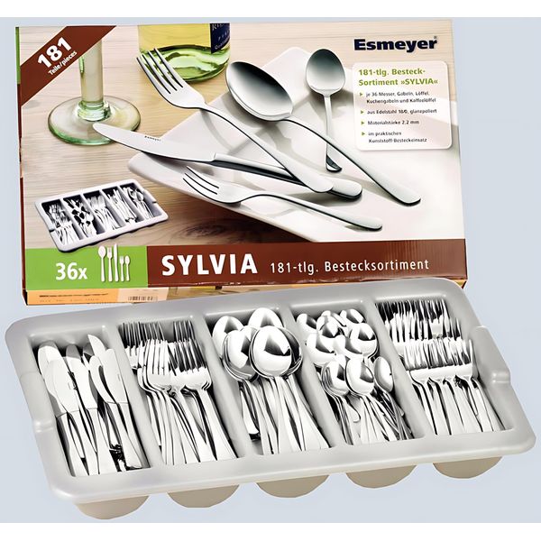 Esmeyer® 156-065 Set Economico Sylvia, Acciaio Inossidabile 18/0, Lucidato A Specchio, 181 Posate Per 36 Persone-image
