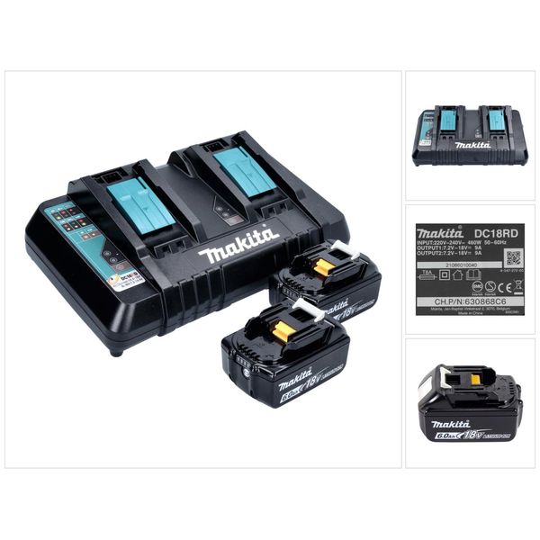Makita Power Source Kit 18V - 2X Batterie BL1860B 6,0Ah + Caricabatterie Doppio DC18RD ( 199484-8 )-image