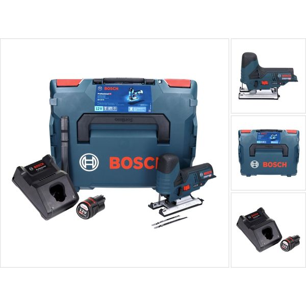 Bosch Gst 12V-70 Professional Seghetto Alternativo A Batteria In Valigetta L-Boxx + 1X Batteria Gba 12 V 3,0 Ah + Caricatore Rapido Gal 1230 Cv-image