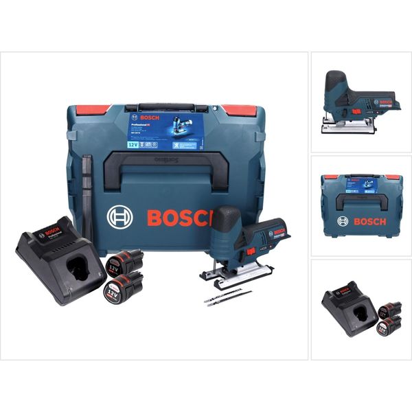 Bosch Gst 12V-70 Professional Seghetto Alternativo A Batteria In Valigetta L-Boxx + 2X Batterie Gba 12 V 3,0 Ah + Caricatore Gal 1230 Cv-image