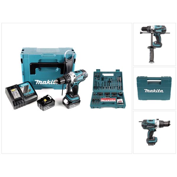 Makita Dhp 458 Rtj Trapano Avvitatore Con Percussione A Batteria 18V In Valigetta Makpac + 2X Batterie 5,0 Ah + Caricatore + Set Makita Di 100 Punte Avvitat./Forat.-image