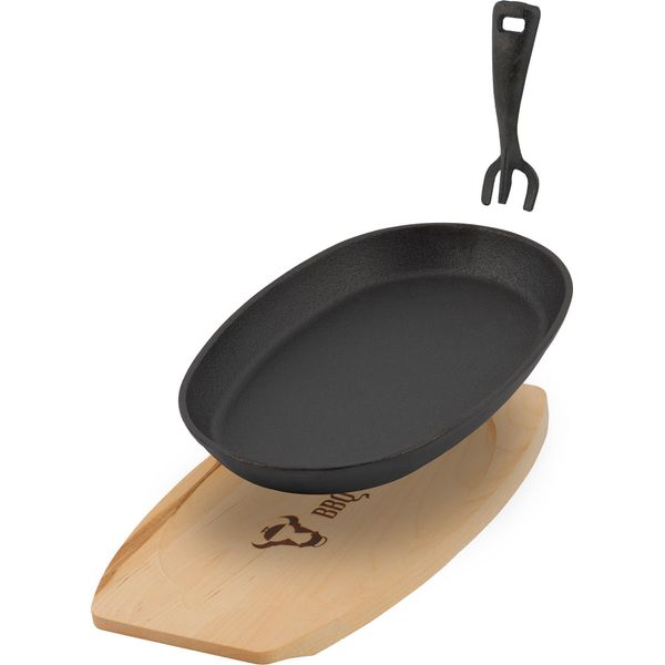 Teglia In Ghisa Bbq-Toro Con Asse In Legno, 27 X 18 Cm - Ovale, Nera, Già Cotta-image