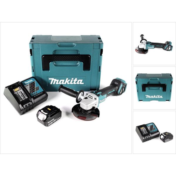 Makita Dga 511 RF1J Smerigliatrice Angolare A Batteria 18V 125 Mm In Valigetta Makpac + 1X Batteria 3,0 Ah + Caricatore Rapido-image