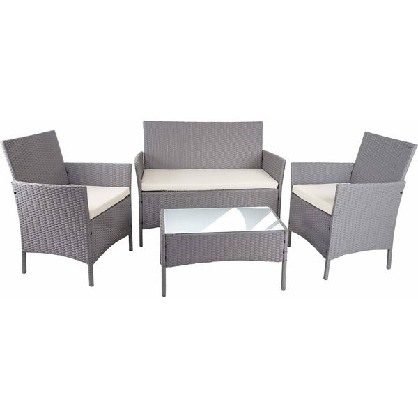 Set Da Giardino In Poly-Rattan HWC-D82, Set Da Salotto ~ Grigio Con Cuscini Crema-image