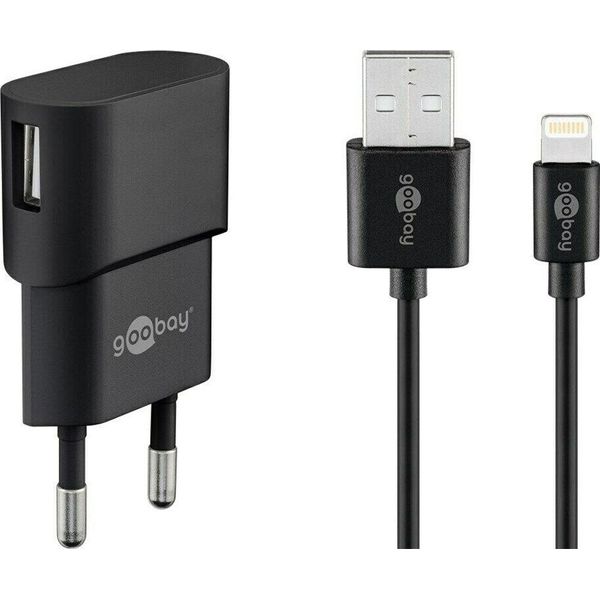 Goobay Set Di Ricarica Apple Lightning 1 A Adattatore Di Corrente Con Cavo Apple Lightning Nero 1 M (1 Confezione Morbida)-image