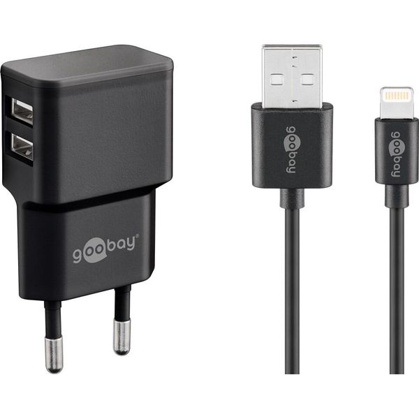 Goobay Dual Apple Lightning Charger Set (12 W), Unità Di Alimentazione Con 2 Porte Usb E Cavo Apple Lightning, 1 M, Nero-image