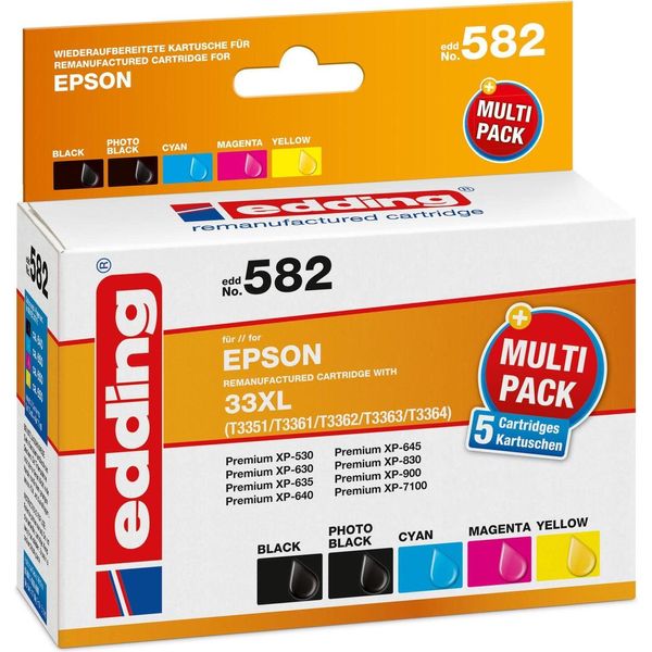 Edding 18-582 Edding EDD-582 Nero, Ciano, Magenta, Giallo, Nero Fotografico Cartucce Per Stampanti Compatibili Con Epson 33XL / T3357XL, Set Da 5-image