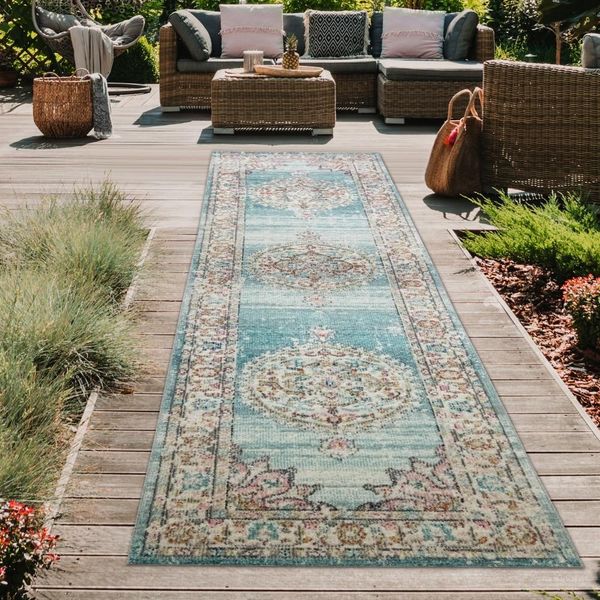 Tappeto Orientale Da Salotto Per Esterni Vintage In Blu Crema Dimensioni - 80 X 300 Cm-image