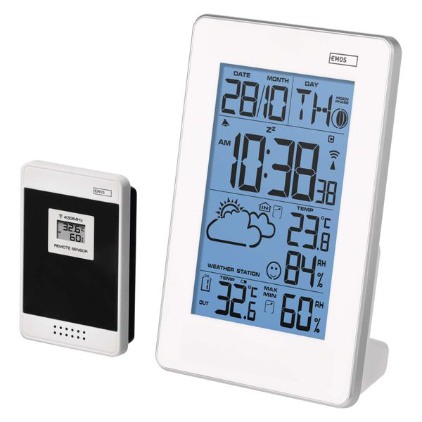 Stazione Meteorologica Wireless Emos Con Orologio Radiocontrollato, Visualizzazione Della Temperatura Interna Ed Esterna, Termometro, Igrometro, Sveglia E Calendario-image