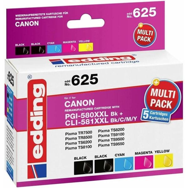 Edding 18-625 Edding EDD-625 2X Nero, Ciano, Magenta, Giallo Compatibile Con Canon PGI-580XXL Bk, CLI-581XXL Bk/C/M/Y, Set Di 5 Cartucce Per Stampante-image