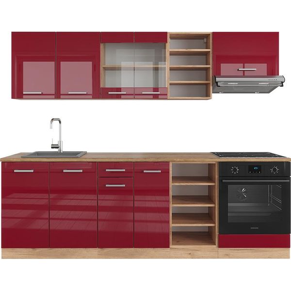 Vicco Cucina Componibile R-Line, 240 Cm , Pl Rovere, Rosso Lucido/Rovere Dorato/Quercia Dorata-image
