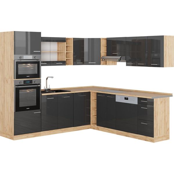 Vicco Cucina Angolare Completa R-Line, 237 X 247 Cm , Pt Rovere, Antracite Lucido/Oro Power Oak-image