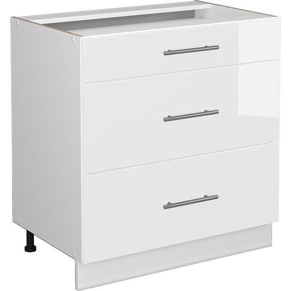 Vicco Mobiletto Base Per Cucina Fame-Line, 80 Cm Con 3 Cassetti, Senza Piano Di Lavoro, Bianco Lucido/Bianco-image