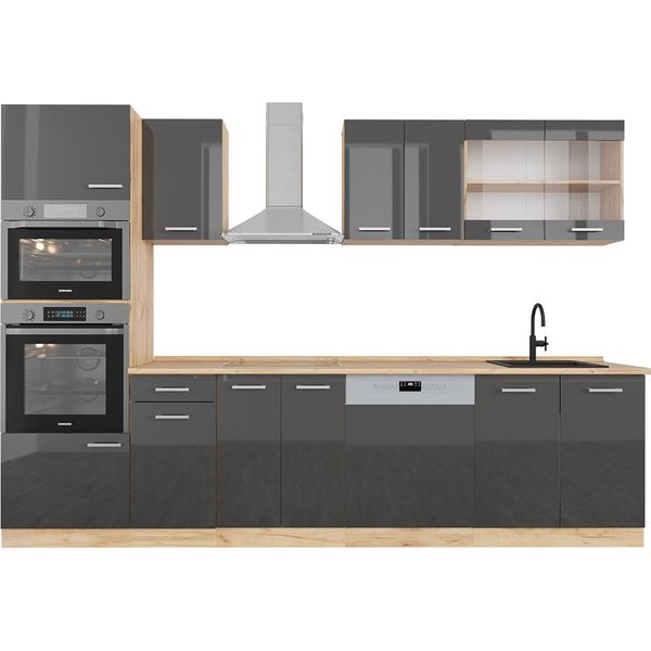 Vicco Cucina Componibile R-Line, 300 Cm Con Armadio Alto, Pt Rovere, Antracite Lucido/Oro Power Oak-image