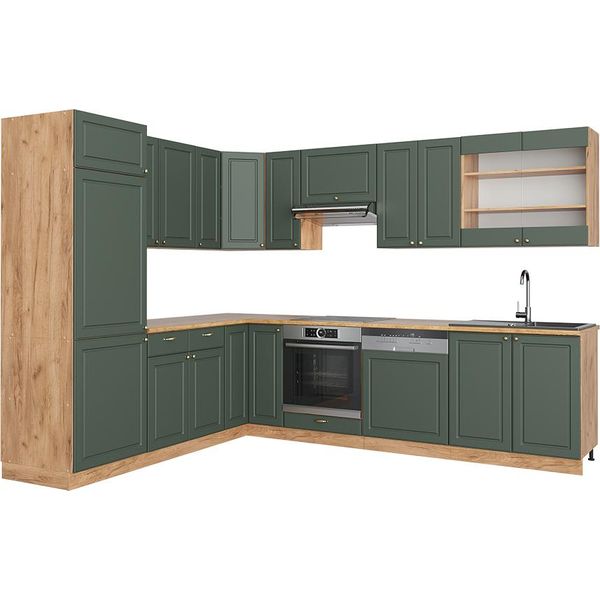 Vicco Cucina Angolare Completa Fame-Line, 227 X 287 Cm Senza Piano Di Lavoro, Quercia Verde-Oro Country/Oro Power-image