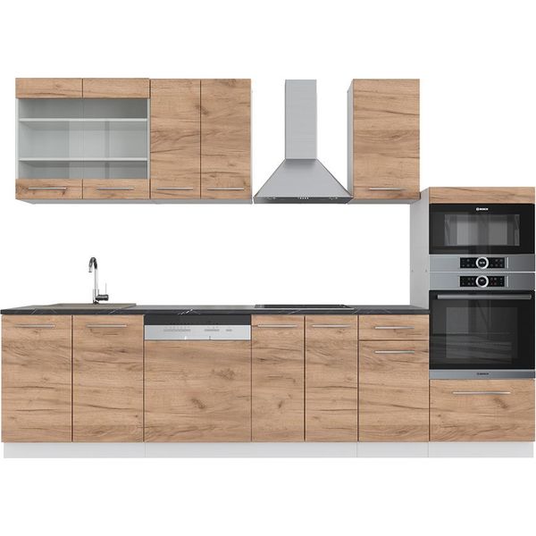 Vicco Cucina Componibile Fame-Line, 300 Cm Con Armadio Alto, Pt Antracite, Quercia Dorata/Bianco-image