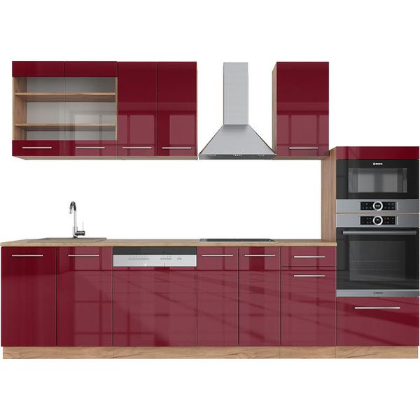 Vicco Cucina Componibile Fame-Line, 300 Cm Con Armadio Alto, Senza Piano Di Lavoro, Bordeaux Lucido/Rovere Oro-image