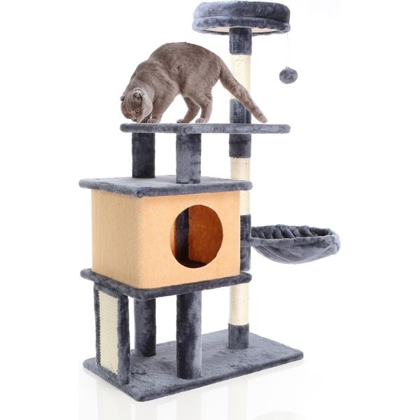 Tiragraffi Fudajo In Grigio Scuro Alto 112 Cm, Tiragraffi Per Gatti Con Casetta Per Gatti, Albero Per Gatti Con Mangiatoia E Piattaforme, Mobili Per Gatti Con Tiragraffi-image