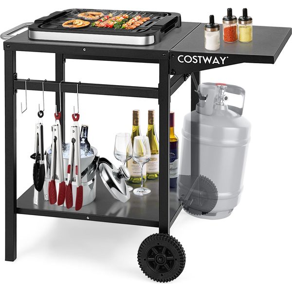 Tavolo Da Barbecue Costway Con Piano Pieghevole, Tavolo Da Campeggio Mobile Con 2 Ripiani E 4 Ganci, Carrello Da Barbecue In Metallo Per Uso Esterno, Carrello Per Barbecue E Cucina All'aperto, Carrello Per La Preparazione Dei Cibi Nero-image