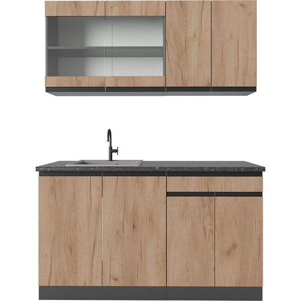 Vicco Cucina Monoblocco R-Line, 140 Cm , Pt Antracite, Quercia Dorata/Antracite-image