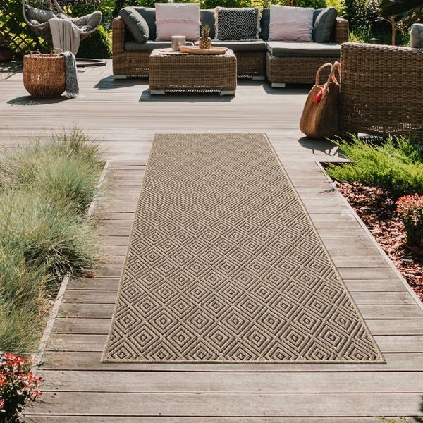 Robusto Tappeto Per Interni Ed Esterni Con Motivo A Rombi Beige/Nero Dimensioni - 80 X 250 Cm-image