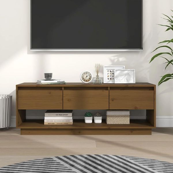 The Living Store Mobile Tv Marrone Miele 110,5X34X40 Cm In Legno Di Pino Massiccio-image