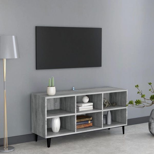 The Living Store Mobile Tv Con Gambe In Metallo Grigio Sonoma 103,5X30X50 Cm-image
