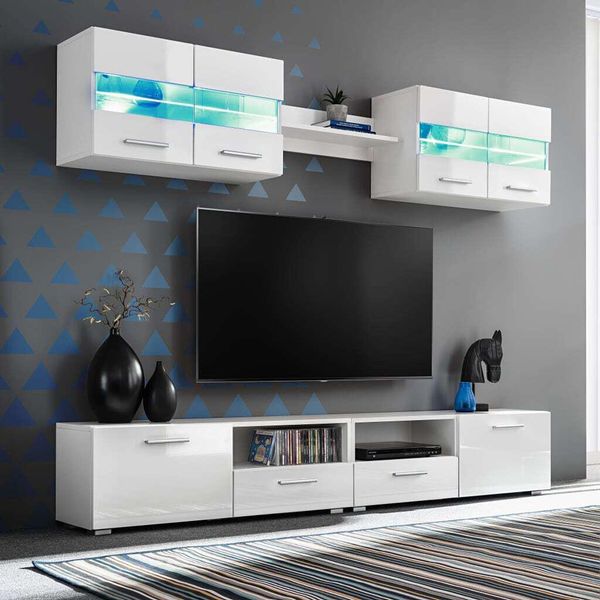 The Living Store Set Da Parete Per Tv 5 Pezzi Con Luci Led Bianco Lucido-image