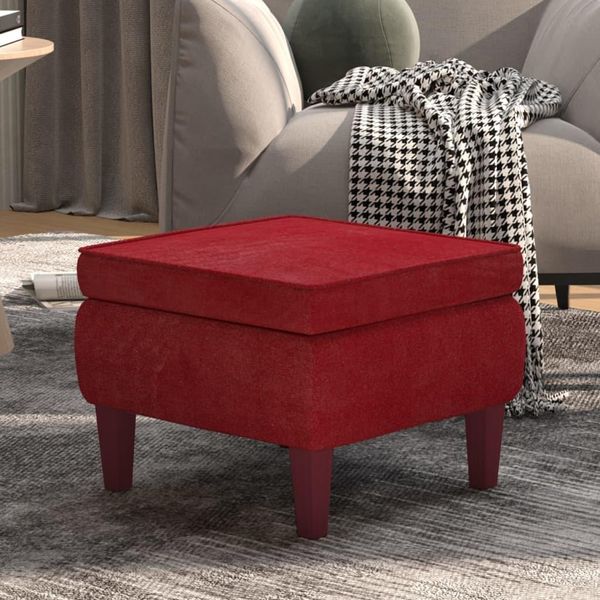 The Living Store Sgabello Con Gambe In Legno In Velluto Rosso Vino-image