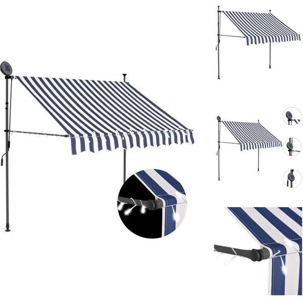 Vidaxl Tenda Da Sole Retrattile A Comando Manuale Con Led 150 Cm Blu E Bianco - Tende Da Sole-image